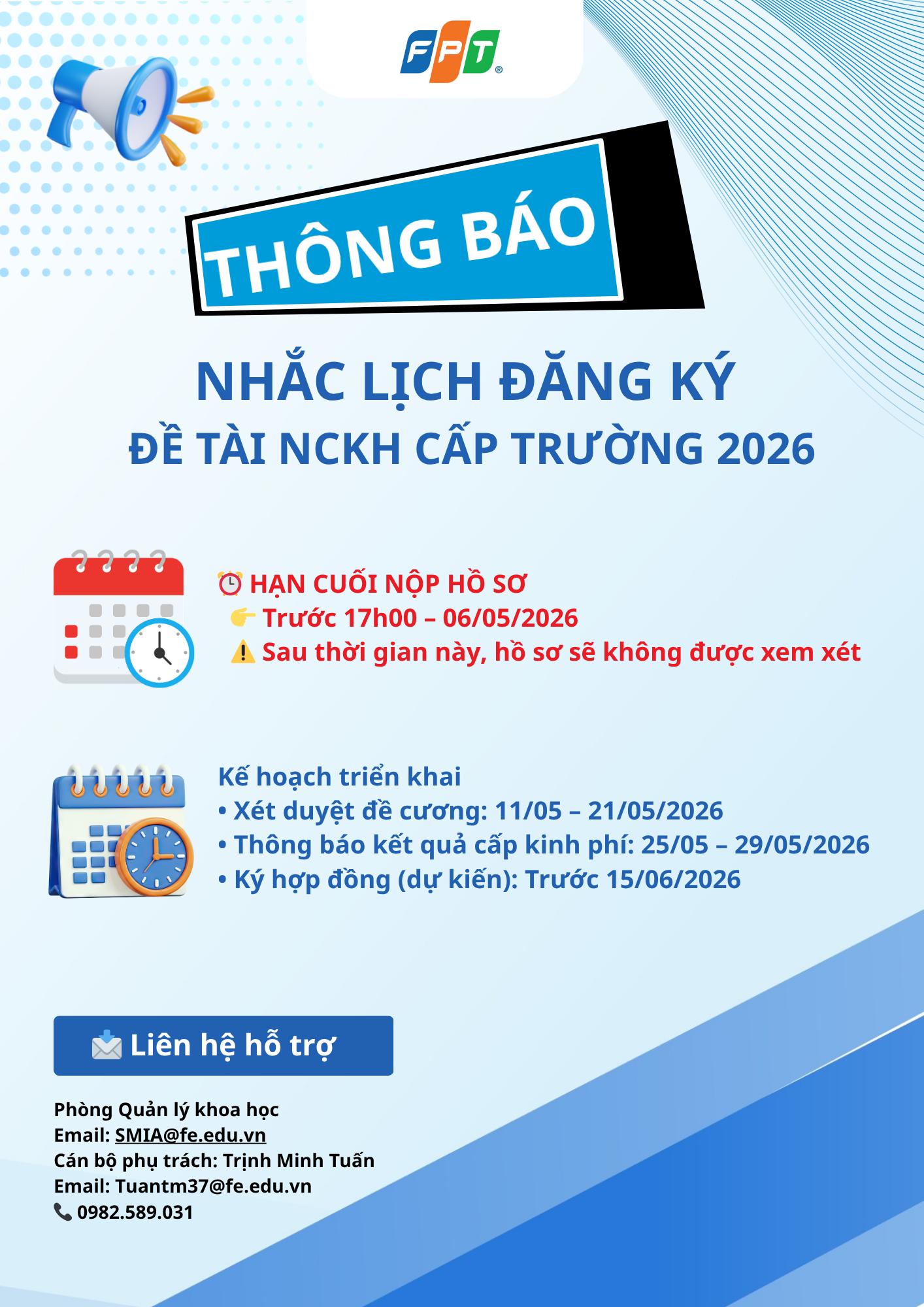 THÔNG BÁO: NHẮC LỊCH ĐĂNG KÝ THỰC HIỆN ĐỀ TÀI NCKH CẤP TRƯỜNG NĂM 2026 