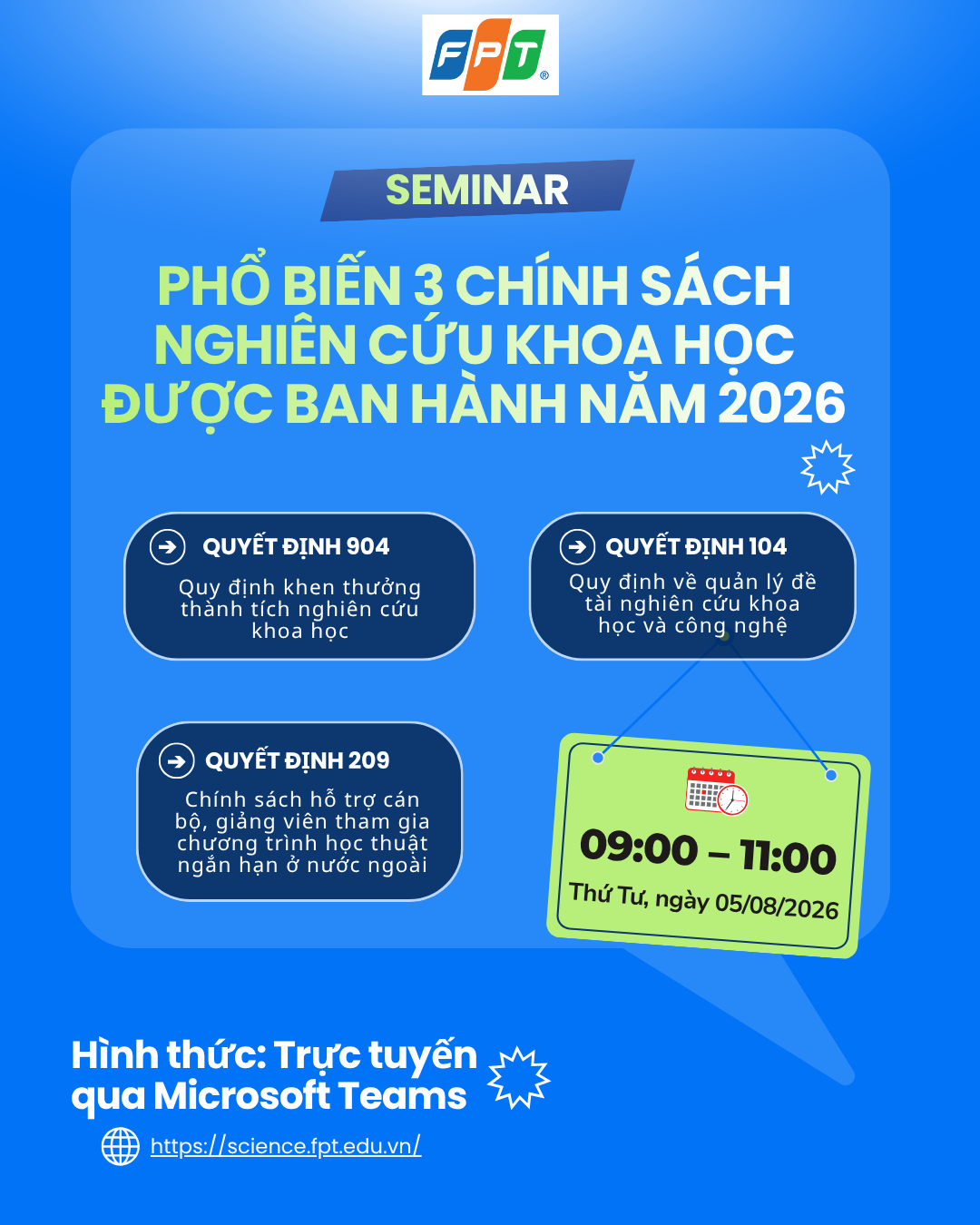 SEMINAR: Cập nhật 3 chính sách nghiên cứu khoa học được ban hành năm 2026